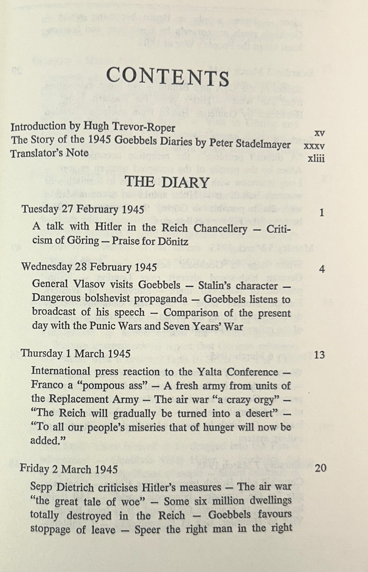 Final Entries 1945: The Diaries of Joseph Goebbels edited by Hugh Trevor-Roper 1978 Book Club Edition