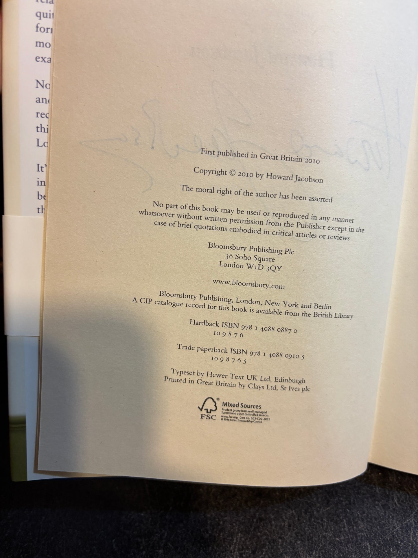 The Finkler Question by Howard Jacobson SIGNED 1st Edition UK