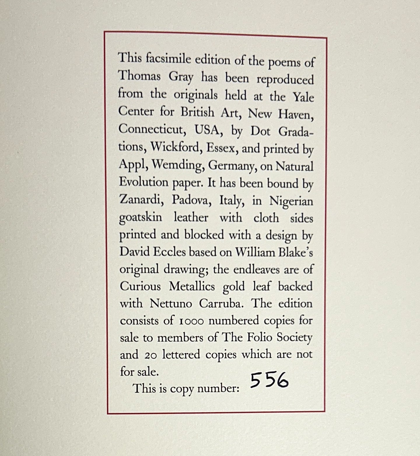 Folio Society: Poems of Thomas Gray w/ Watercolor Illus by William Blake Lt Ed