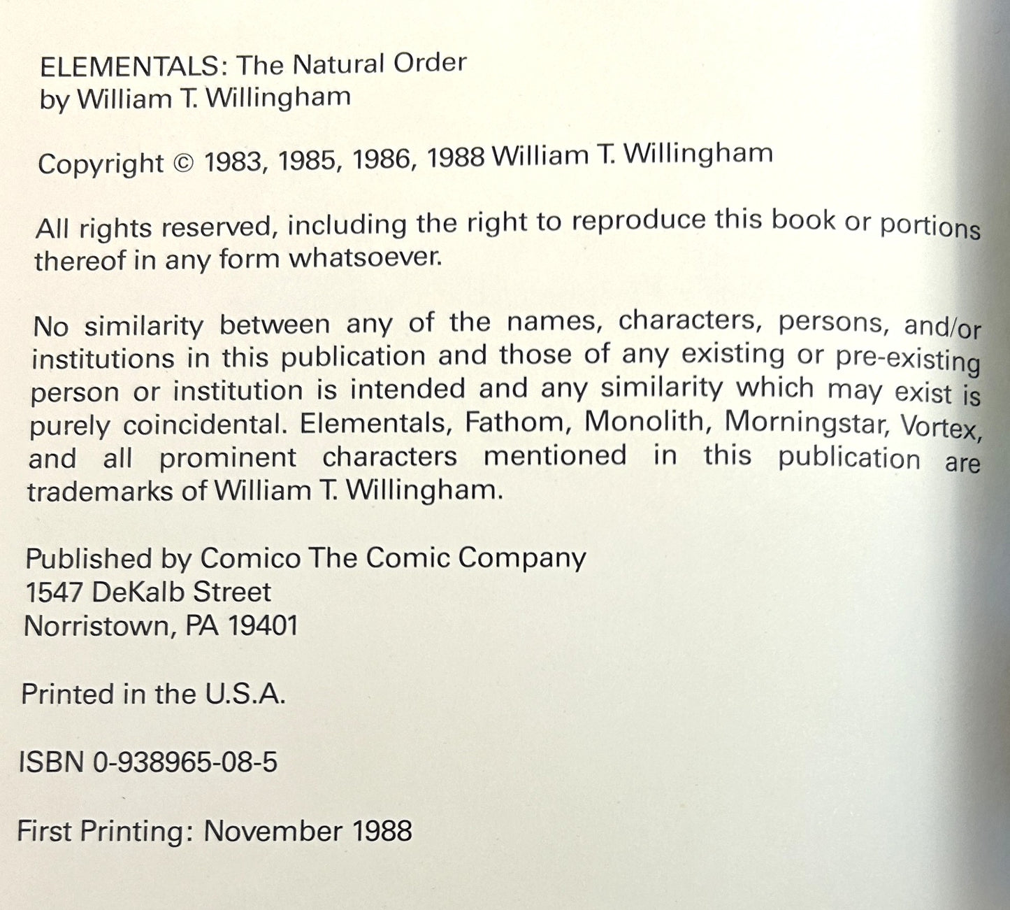 Comico: Elementals: The Natural Order by Bill Willingham 1988 1st Printing