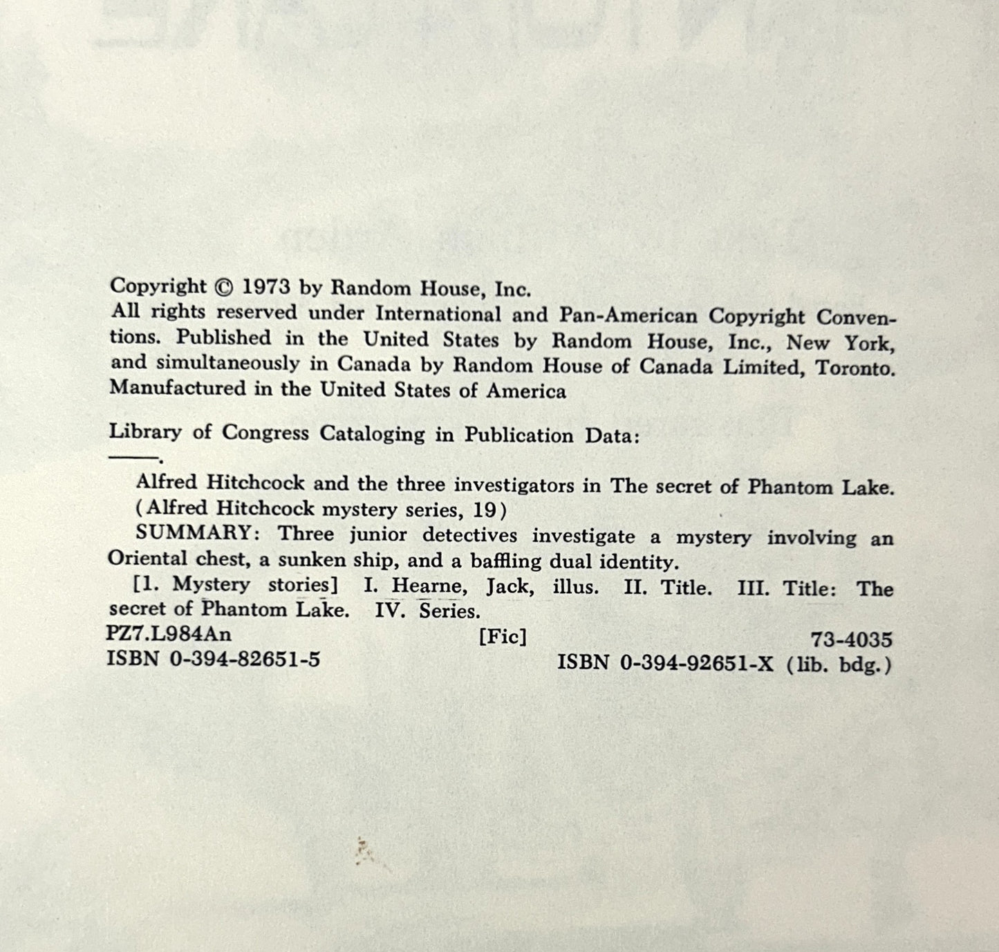 The Secret of Phantom Lake (Alfred Hitchcock & the Three Investigators #19) stated 1973 Later Print