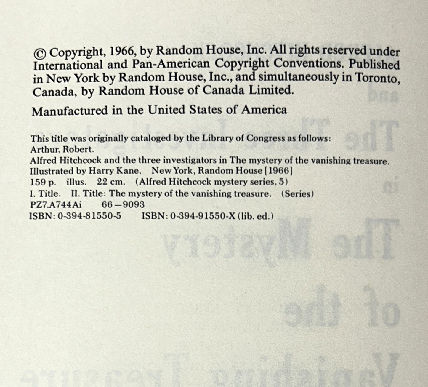 The Mystery of the Vanishing Treasure (Alfred Hitchcock & the Three Investigators #5) stated 1966 Later Print